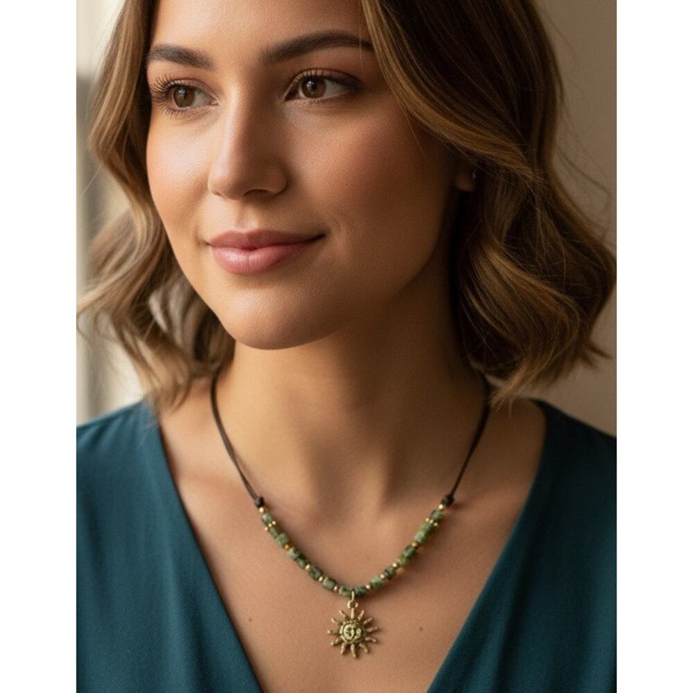 Handmade Boho Sun Pendant and Jasper Beaded Necklace